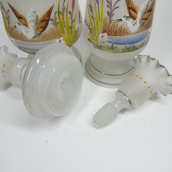 Handpainted Ducks Birds Frosted Glass Decanter Jar Candle Holder Vintage
